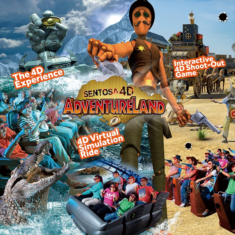 Sentosa 4D AdventureLand logo with visitors enjoying 4D rides and games.